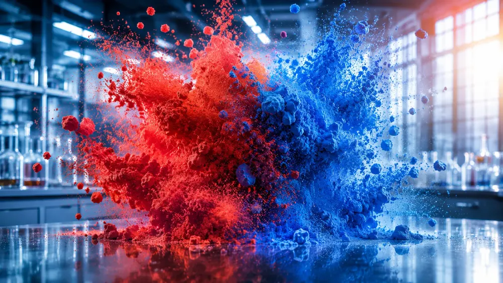 Red and blue chemical powders colliding in a laboratory — the brands of QN Chemicals Group coming together